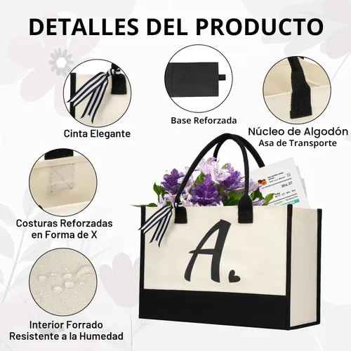 Vista 5 de shenee Initial Canvas Tote Bag, Personalized Beach Bags Gift for Women