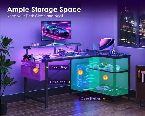 Vista 7 de ODK Escritorio para juegos de 40 pulgadas con tomas de alimentación USB y luces LED, escritorio reversible en forma de L con estantes