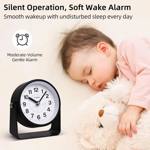 Vista 6 de TIMESS - Reloj despertador analógico con repetición y luz, silencioso sin tictac, color negro