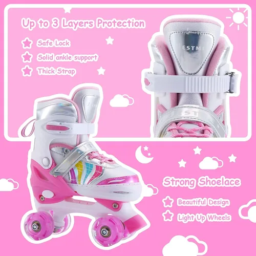 Vista 5 de Patines ajustables para niños y niñas, niños pequeños, jóvenes, color rosa, 4 tamaños, ajustables, para niños y niñas, para tallas 11J hasta