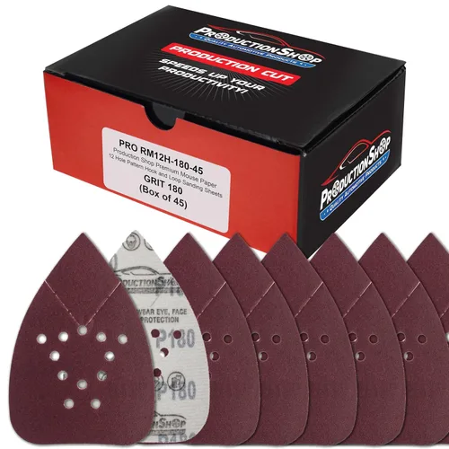 Vista 12 de ProductionShop Hojas de papel de lija premium para lijadora de detalle con patrón de ratón de 12 agujeros, paquete variado de 50 discos, granos 40