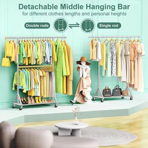 Vista 4 de Perchero de doble barra resistente con carga de 860 libras, percheros de ropa portátiles ajustables para colgar ropa, perchero rodante con ruedas