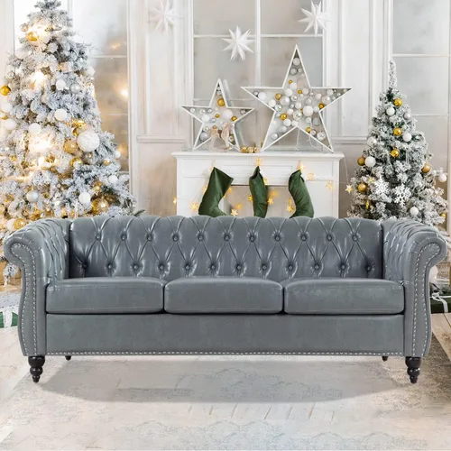 Vista 11 de Chesterfield Sofás para sala de estar, brazo enrollado negro de 3 plazas, cuero sintético de 84 pulgadas, sofá grande con botón profundo con cabeza