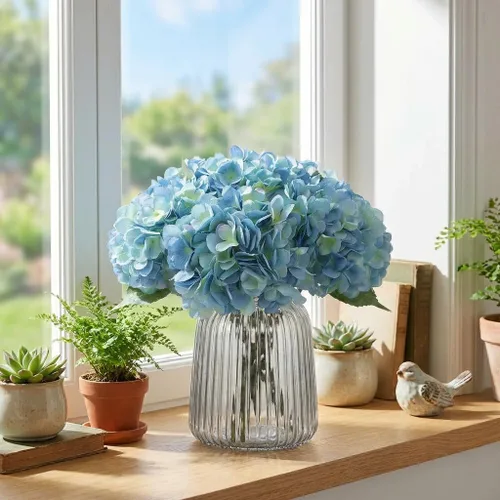 Vista 6 de 5 piezas de flores artificiales falsas, hortensias de seda, 1 arreglos de cabeza de flor, ramos de boda, decoración floral de plástico, centros