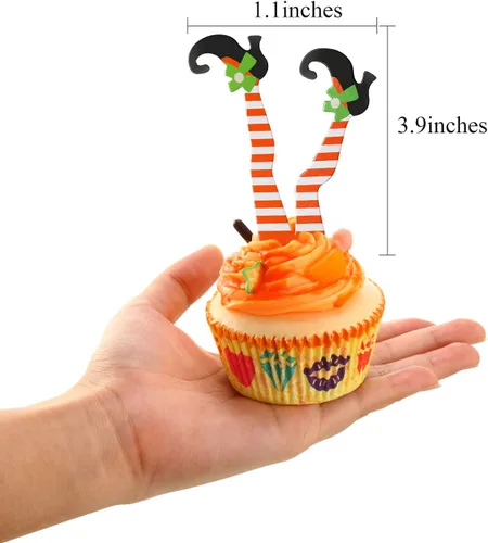 Vista 2 de 48 piezas de decoración de cupcakes de Halloween, patas de bruja, adornos para cupcakes, botas de bruja, palillos para tartas, accesorios