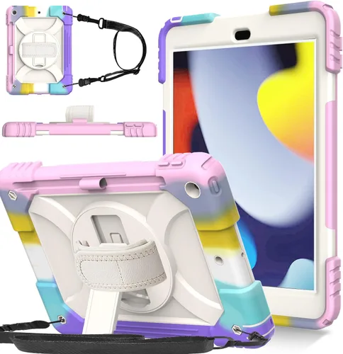 Vista 15 de BMOUO Funda para iPad de 9ª/8ª/7ª generación de 10.2", a prueba de golpes con soporte giratorio de 360°, correa de hombro y mano, funda para iPad