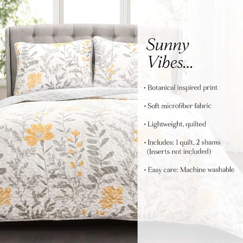 Vista 6 de LUSH DECOR - Juego de ropa de cama reversible, 3 piezas, diseño de hojas, color gris tamaño King Amarillo y gris