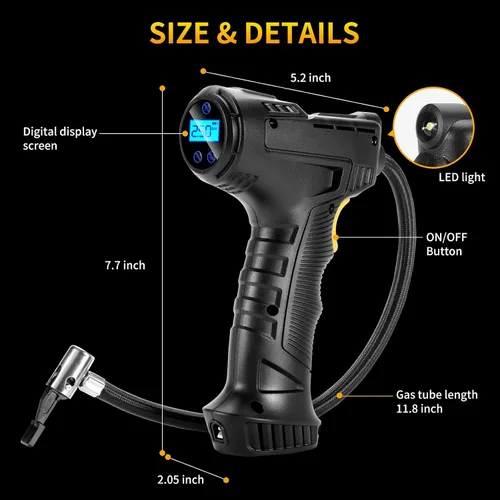 Vista 4 de Inflador digital de neumáticos con linterna LED, compresor de aire portátil de 150 PSI para neumáticos de automóvil, bomba automática de 12 V