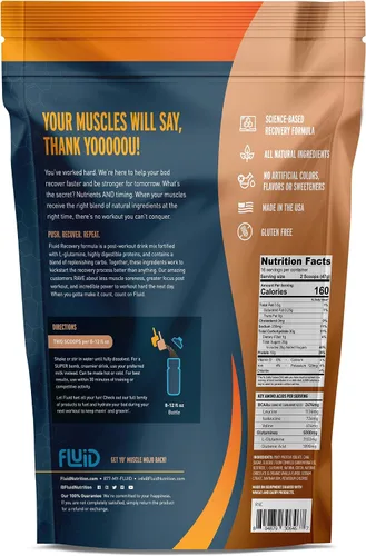 Vista 2 de Fluid Recovery, mezcla de bebida después del entrenamiento, proteína aislada de suero de leche, L-glutamina, carbohidratos, todos los ingredientes