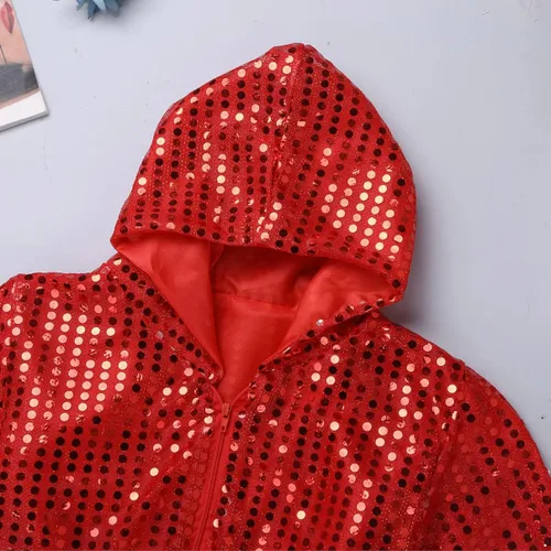 Vista 5 de Disfraz de baile callejero de lentejuelas para niñas y niños, hip hop, jazz, actuación, chaqueta con capucha y pantalones harén