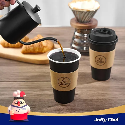 Vista 3 de JOLLY CHEF - Tazas de café negras de 16 onzas con tapas, mangas y Negro-16oz