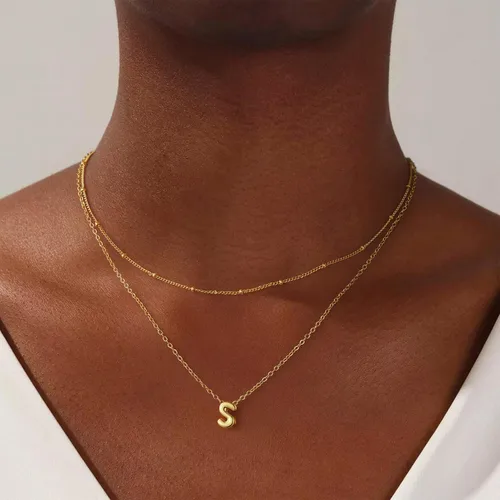 Vista 2 de Collar de letras doradas y plateadas, con inicial en capas para mujer, pequeños collares con dije, gargantilla delicada, collar lindo apilable