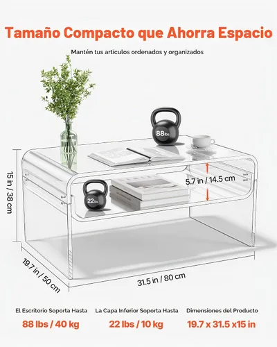 Vista 3 de VEVOR Mesa de centro acrílica, moderna mesa central de cascada con estante de almacenamiento abierto, escritorio rectangular transparente Lucite