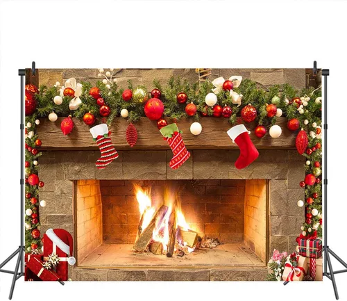 Vista 3 de Mocsicka Telón de fondo temático de chimenea navideña para fotografía, árbol de Navidad, calcetín, regalo, decoraciones para fiestas familiares