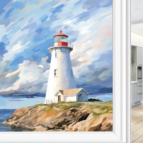 Vista 4 de Película de privacidad para ventana de faro blanco retro, estilo costero, acuarela abstracta, vitrales, película de adherencia estática para tiendas