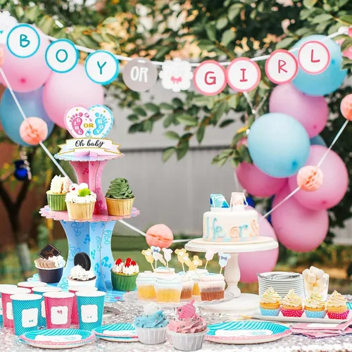 Vista 7 de Decoración de soporte para cupcakes para fiesta de revelación de género, azul y rosa de 3 niveles para baby shower, suministros de cartón para niños