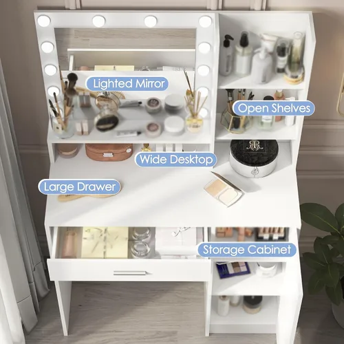 Vista 4 de Vanity Desk with Mirror & Light, Large Drawer Three Level Storage Dresser, 3 Lighting Modes Adjustable Brightness, Bedroom Dressing Table(White)