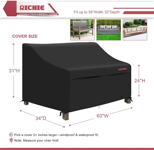 Vista 2 de RICHIE Funda impermeable para sofá de patio de 2 plazas, fundas para muebles de exterior para sofá biplaza/sofá con rejillas de ventilación y asas