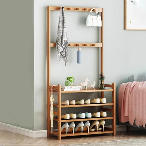 Vista 10 de Bamboo Clothes Rack, Clothing Rack with Bottom Shelves and Hook, Freestanding Garment Racks, Open Coat Racks for Hallway Brown