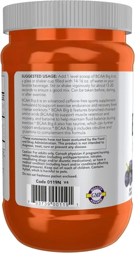 Vista 3 de NOW Sports Nutrition, BCAA (Aminoácidos de cadena ramificada) Big 6, sabor a uva, 21.16 oz