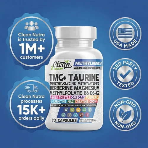 Vista 8 de Clean Nutra TMG Supplements 1000mg Multivitamínico metilado para mujeres y hombres Taurina B6 Vitaminas B12 D3 K2 Trimetilglicina Magnesio