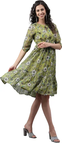 Vista 6 de Janasya Vestido acampanado con estampado floral de lúrex de gasa verde oliva para mujer india