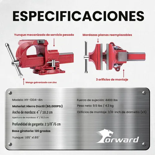 Vista 7 de Forward 1304 - Tornillo de banco de 4 pulgadas de hierro dúctil para el hogar, tornillo de banco de 4" para el propietario de la casa con yunque