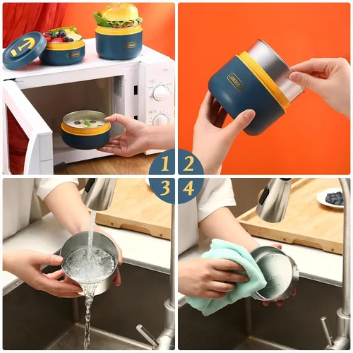 Vista 4 de Dandat Juego de 3 recipientes de almuerzo aislados portátiles para adultos y niños, caja Bento apilable de acero inoxidable para comida caliente