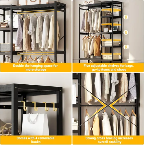 Vista 5 de Homykic Perchero de bambú para colgar ropa, perchero resistente con estantes ajustables de 7 niveles, varillas dobles, 4 ganchos, sistema de armario
