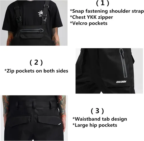 Vista 6 de GSOU SNOW Pantalones de esquí para hombre, overol de nieve para snowboard, impermeable, resistente al viento, con correa ajustable, para invierno
