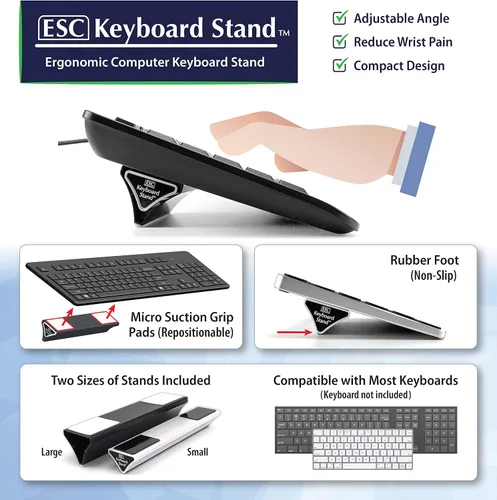 Vista 2 de ESC - Soporte para teclado de computadora y portátil, ángulos ergonómicos variables e inclinación, dos tamaños de soportes incluidos, compatible