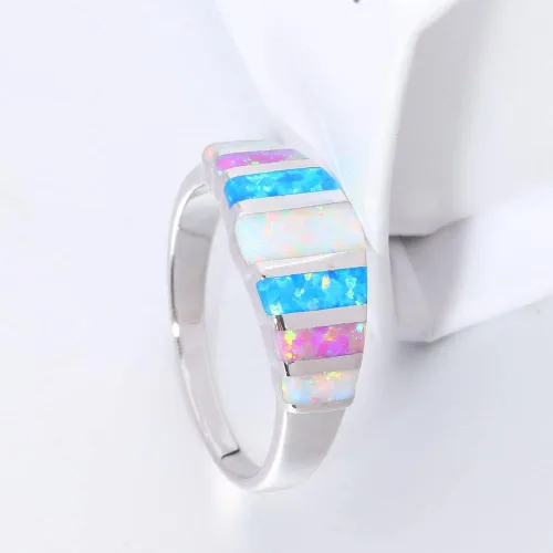 Vista 4 de CiNily Anillos de ópalo para mujer, diseño de ópalo de fuego blanco, azul, rosa, plata, anillo de piedras preciosas chapado en plata, talla 5-13