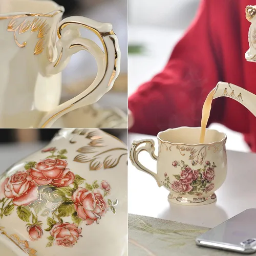 Vista 6 de Tazas de té y platillos (rosa, 8 onzas), juego de tazas y platillos florales con cuchara, tazas de té vintage, juego de té de porcelana