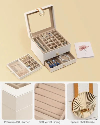 Vista 5 de Hzuaneri Joyero de 3 capas, 1 soporte individual para joyas, 1 cajón, organizador de joyas con tapa de vidrio, estuche de joyería de piel sintética