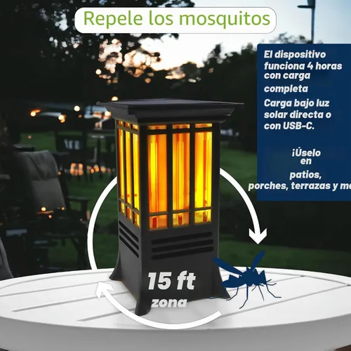 Vista 4 de PIC Repelente solar de mosquitos de mesa con efecto de llama, fórmula de aceite esencial, se activa automáticamente al anochecer, cobertura de 15
