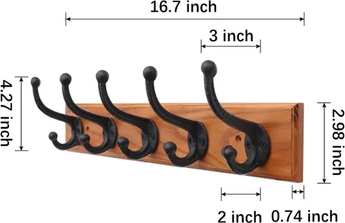 Vista 3 de Ganchos rústicos de hierro fundido para abrigos, ganchos de pared negros, perchero resistente con 5 ganchos de pared, madera de fresno