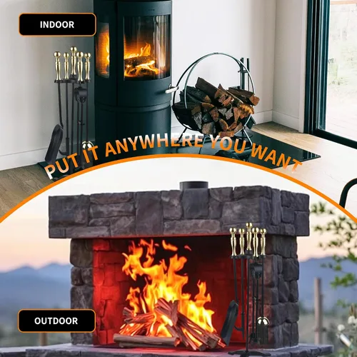 Vista 6 de Juego de herramientas para chimenea de 5 piezas con soporte, kit de herramientas de hierro forjado con póster, pinzas, pala, cepillo y base