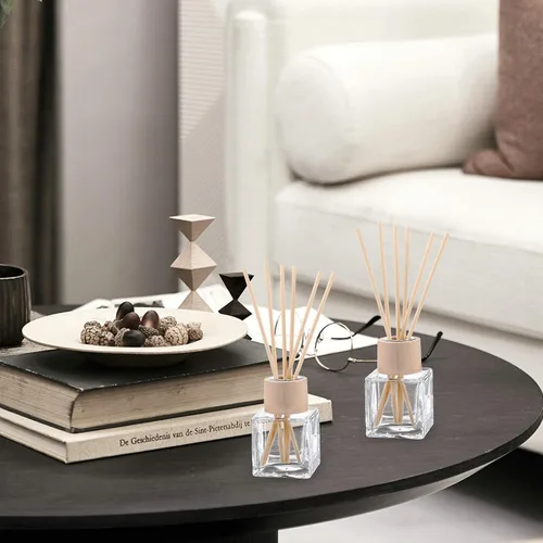 Vista 7 de Juego de 12 botellas difusoras de varillas vacías de fragancia de vidrio difusor, juego de botellas difusoras recargables con tapas de madera