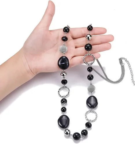 Vista 4 de PEARL&CLUB Juego de collares largos con cuentas negras, regalos de joyería para mujer