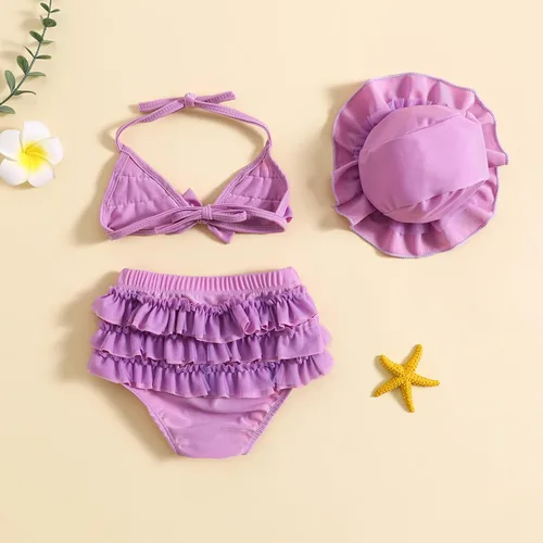 Vista 7 de Yccutest Traje de baño de flores para bebé, 3 piezas, parte superior triangular, parte inferior con volantes, sombrero para el sol, conjunto