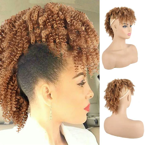 Vista 9 de KRSI Cola de caballo de pelo alto afro con flequillo, moño sintético rizado Mohawk Kinkys rizado cola de caballo con clip en colas de caballo