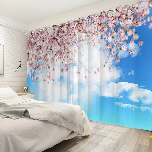 Vista 4 de Renaiss Cortinas de ventana de flores de cerezo japonés, flores de melocotón, cielo azul, nubes blancas, tratamientos de ventana, paisaje natural