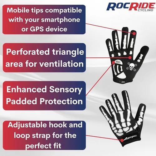 Vista 2 de RocRide Guantes de ciclismo con diseño de esqueleto, acolchados, dedos completos, para carretera, montaña, BMX, unisex, para hombres, mujeres