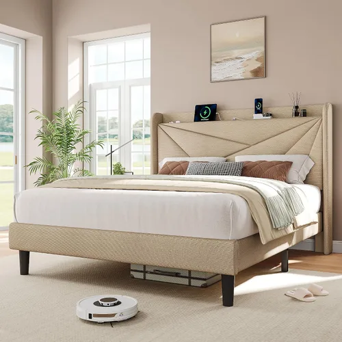 Vista 8 de iPormis Base de cama tamaño Queen con estación de carga, marco de cama de plataforma de lino con cabecera tapizada con respaldo de ala, soporte