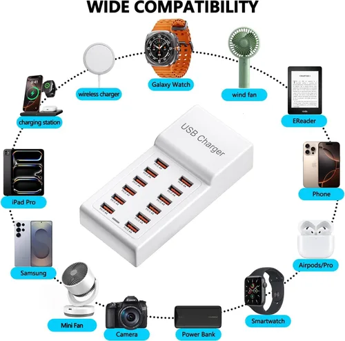 Vista 4 de Estación de carga USB de 50 W (10 A), 12 puertos, carga de escritorio USB, bloque de carga múltiple, concentrador USB compatible con iPhone