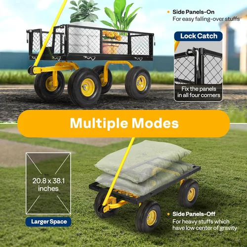 Vista 5 de VIVOHOME Carrito de jardín de acero de malla de alta resistencia de 880 libras de capacidad, vagón utilitario plegable con lados extraíbles y ruedas