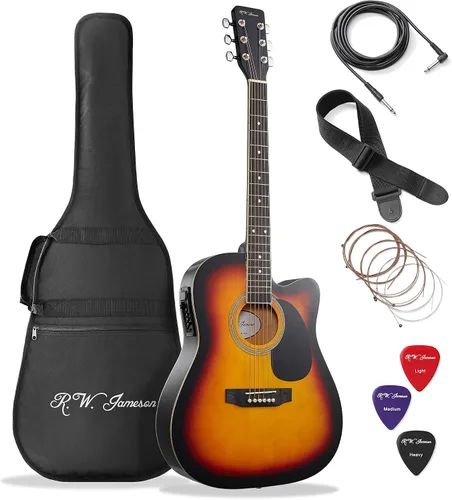 Vista 16 de Jameson Guitars - Guitarra eléctrica acústica Thinline de tamaño completo con funda y púas, negra, para diestros