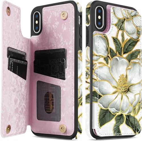 Vista 49 de NNH Funda tipo cartera compatible con iPhone Xs Max con bloqueo RFID, ranuras para tarjetas, folio de piel sintética, función atril, doble cierre