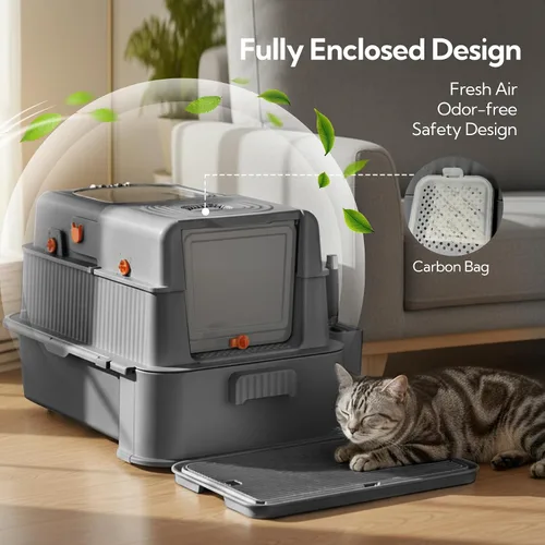 Vista 5 de Soulbond Caja de arena de acero inoxidable para gatos con tapa, caja de arena de metal grande cerrada con cajón y puerta abatible para gatos