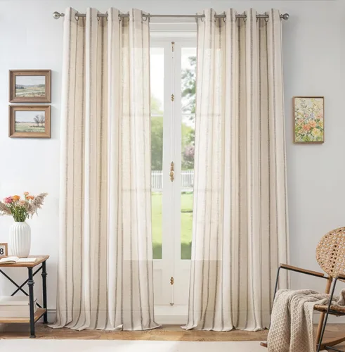 Vista 48 de DriftAway Cortinas de estilo granja con rayas verticales de lino mezclado texturizado con filtro de luz semitransparente para sala de estar